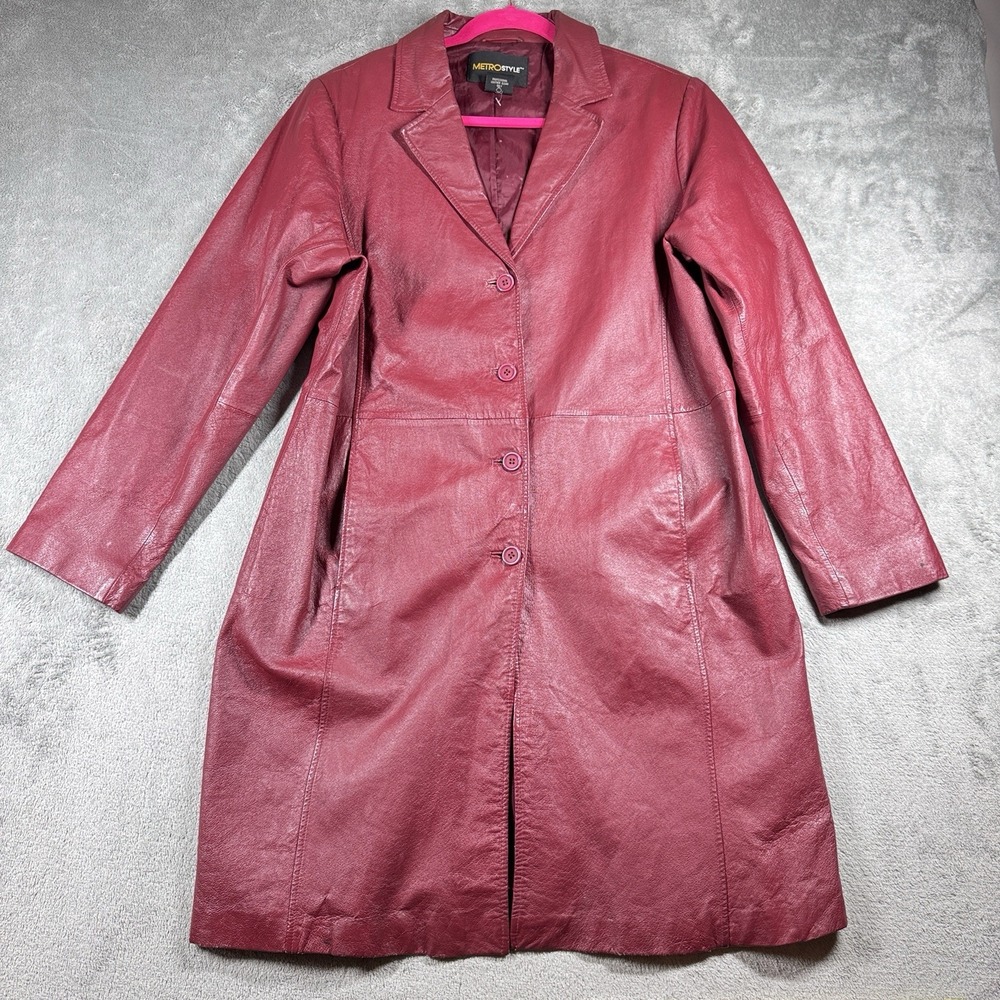 Vintage Metrostyle Red Leather Long Coat Womens 18 Button Front Jacket Retro - Picture 12 of 13